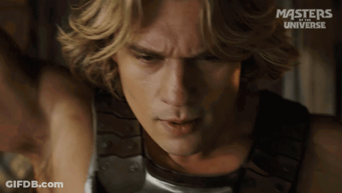 A Close Up Of A Man 'S Face With Masters Of The Universe Written In The Corner GIF