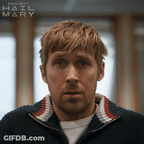 A Close Up Of A Man 'S Face With Project Hail Mary Written On The Bottom Right GIF
