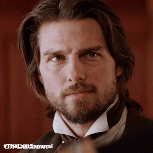 A Close Up Of A Man 'S Face With The Hashtag #Thelastsamurai Visible GIF