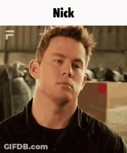 A Close Up Of A Man 'S Face With The Name Nick On The Top GIF