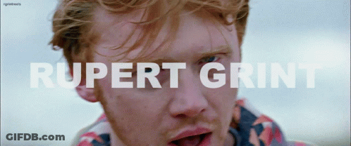 A Close Up Of A Man 'S Face With The Name Rupert Grint On The Bottom GIF