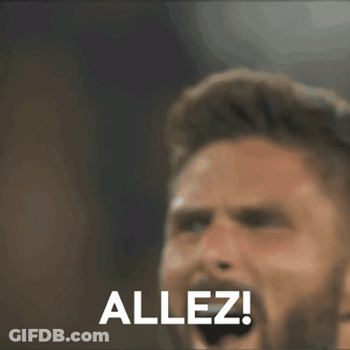 A Close Up Of A Man 'S Face With The Word Allez Written On The Bottom GIF