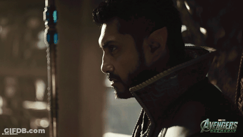 A Close Up Of A Man 'S Face With The Word Avengers On The Bottom Right GIF