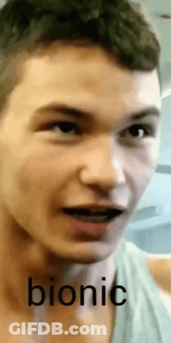 A Close Up Of A Man 'S Face With The Word Bionic Written Below It GIF
