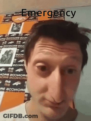 A Close Up Of A Man 'S Face With The Word Emergency Written On It GIF