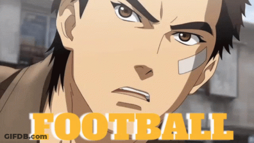 A Close Up Of A Man 'S Face With The Word Football In Yellow Letters GIF