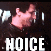 A Close Up Of A Man 'S Face With The Word Noice Written On It GIF