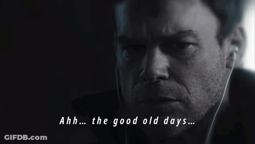 A Close Up Of A Man 'S Face With The Words Ahh The Good Old Days Below Him GIF