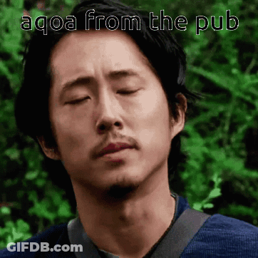 A Close Up Of A Man 'S Face With The Words Aqoa From The Pub Below Him GIF