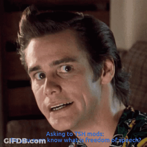 A Close Up Of A Man 'S Face With The Words " Asking To Tsh Mods Do You Even Know What Is Freedom Of Speech " GIF