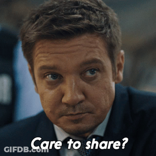 A Close Up Of A Man 'S Face With The Words Care To Share Below Him GIF