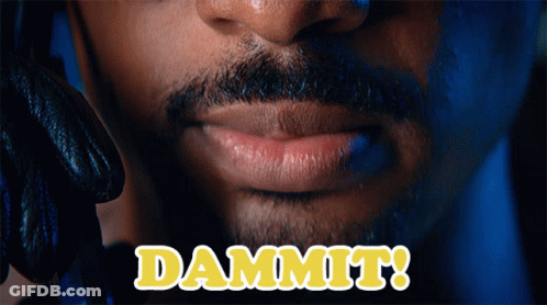 A Close Up Of A Man 'S Face With The Words Dammit Written In Yellow GIF
