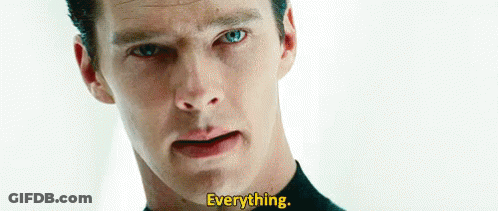 A Close Up Of A Man 'S Face With The Words `` Everything '' Written On The Bottom . GIF