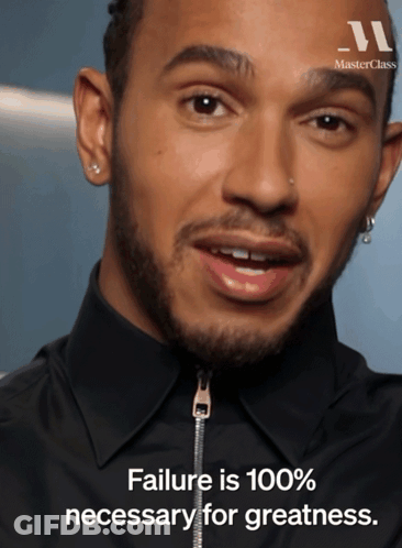 A Close Up Of A Man 'S Face With The Words " Failure Is 100 % Necessary For Greatness " Next To Him GIF