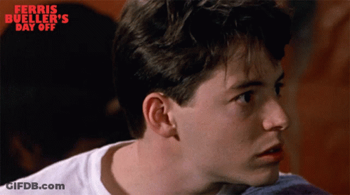 A Close Up Of A Man 'S Face With The Words Ferris Bueller 'S Day Off In Red GIF