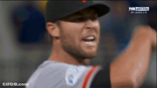A Close Up Of A Man 'S Face With The Words Fox World Series Sf Leads 1-0 GIF
