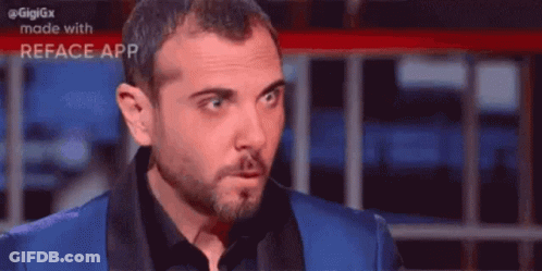 A Close Up Of A Man 'S Face With The Words Gigigx Made With Reface App Visible GIF