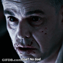 A Close Up Of A Man 'S Face With The Words God No God Written Below It GIF