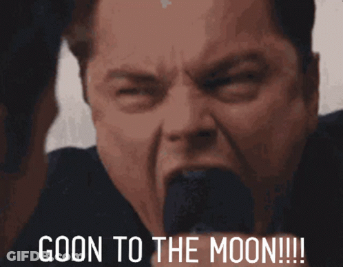 A Close Up Of A Man 'S Face With The Words Goon To The Moon !!! GIF