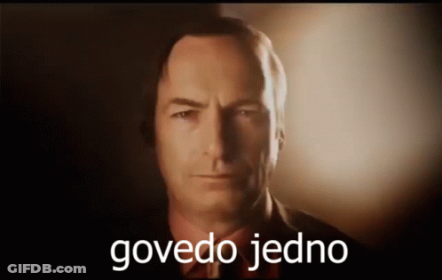 A Close Up Of A Man 'S Face With The Words Govedo Jedno Written Below It GIF