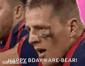 A Close Up Of A Man 'S Face With The Words `` Happy Bday Kare-Bear '' . GIF