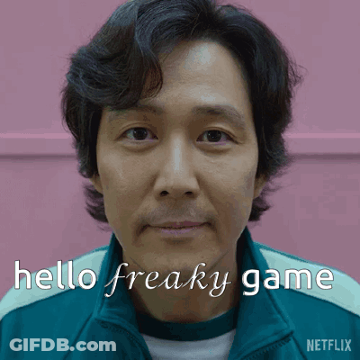 A Close Up Of A Man 'S Face With The Words Hello Freaky Game On The Bottom GIF
