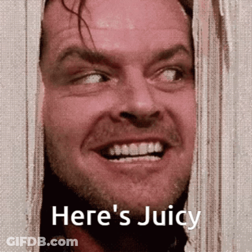 A Close Up Of A Man 'S Face With The Words Here 'S Juicy Above Him GIF