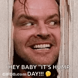 A Close Up Of A Man 'S Face With The Words `` Hey Baby It 'S Hump Day '' On It . GIF