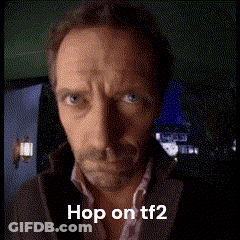 A Close Up Of A Man 'S Face With The Words Hop On Tf2 Below It GIF