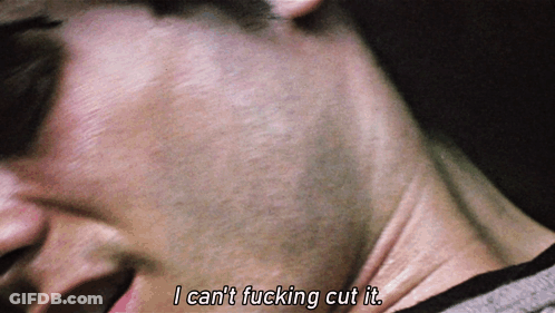 A Close Up Of A Man 'S Face With The Words " I Can T Fucking Cut It " GIF