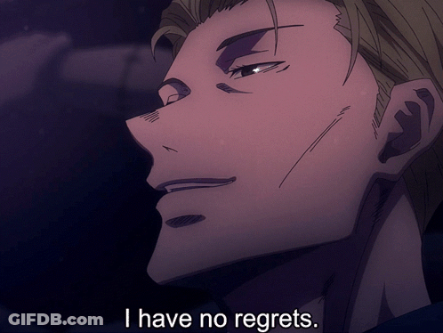 A Close Up Of A Man 'S Face With The Words " I Have No Regrets " Below Him GIF