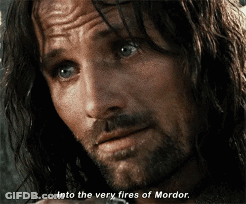 A Close Up Of A Man 'S Face With The Words Into The Very Fires Of Mordor GIF