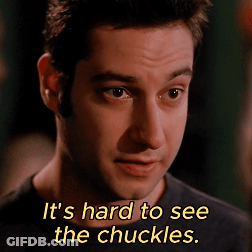 A Close Up Of A Man 'S Face With The Words It 'S Hard To See The Chuckles Below Him GIF