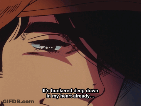 A Close Up Of A Man 'S Face With The Words " It 'S Hunkered Deep Down In My Heart Already " Below It GIF
