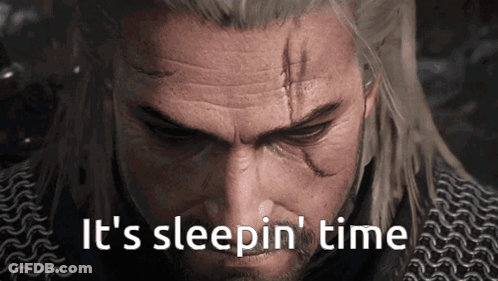 A Close Up Of A Man 'S Face With The Words It 'S Sleepin ' Time GIF