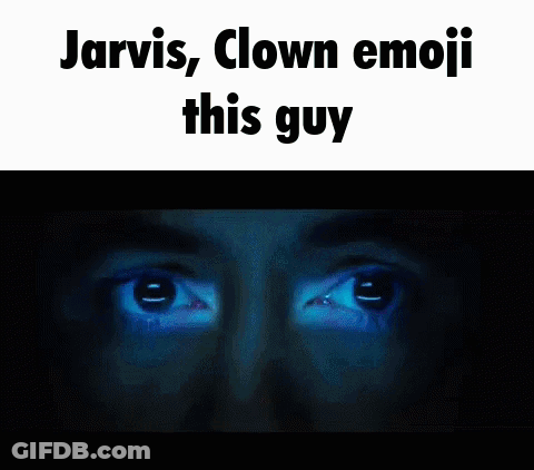A Close Up Of A Man 'S Face With The Words Jarvis , Clown Emoji This Guy Written Above It GIF