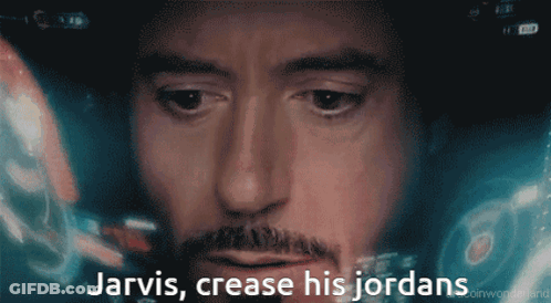 A Close Up Of A Man 'S Face With The Words Jarvis Crease His Jordans GIF