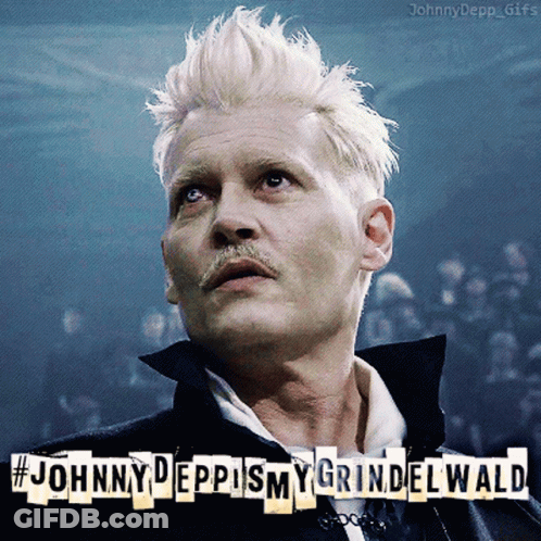 A Close Up Of A Man 'S Face With The Words Johnny Deppismy Grindelwald Above Him GIF