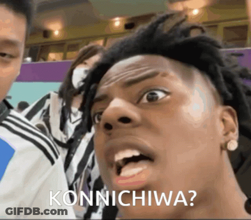 A Close Up Of A Man 'S Face With The Words Konnichiwa Written On The Bottom GIF