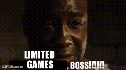 A Close Up Of A Man 'S Face With The Words " Limited Games Boss !!! " Above Him GIF