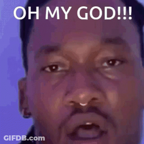 A Close Up Of A Man 'S Face With The Words " Oh My God " Written Above It GIF