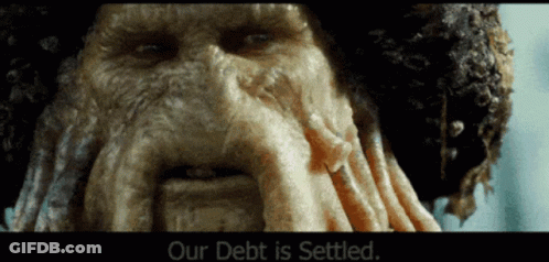 A Close Up Of A Man 'S Face With The Words Our Debt Is Settled Below It GIF