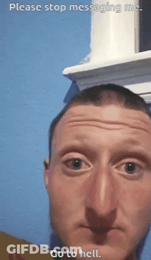 A Close Up Of A Man 'S Face With The Words Please Stop Messaging Me And Go To Hell GIF