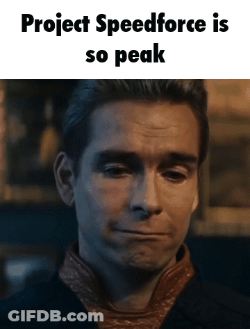 A Close Up Of A Man 'S Face With The Words Project Speedforce Is So Peak Written Above Him . GIF