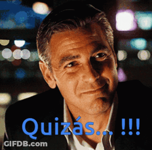 A Close Up Of A Man 'S Face With The Words Quizas !!! In Blue GIF