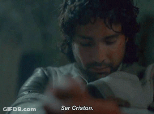 A Close Up Of A Man 'S Face With The Words " Ser Criston " On The Bottom GIF