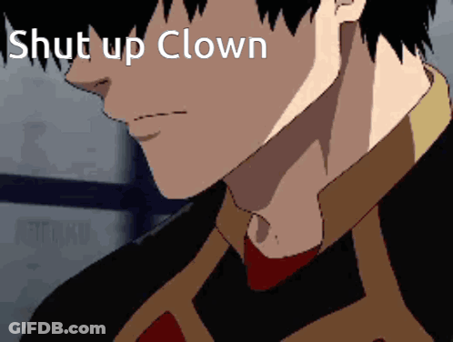 A Close Up Of A Man 'S Face With The Words Shut Up Clown Written Above Him GIF