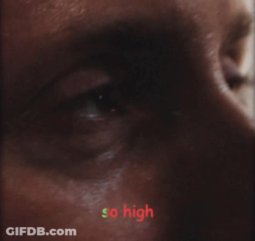A Close Up Of A Man 'S Face With The Words So High Written In Green GIF