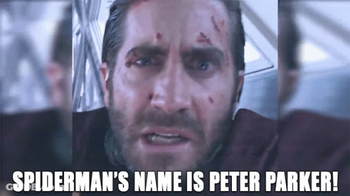 A Close Up Of A Man 'S Face With The Words `` Spiderman 'S Name Is Peter Parker '' Written On It . GIF