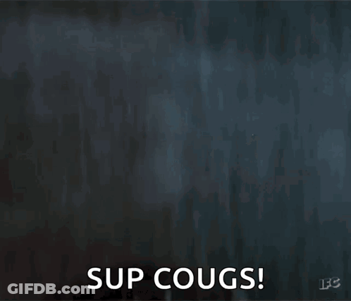 A Close Up Of A Man 'S Face With The Words Sup Cougs GIF